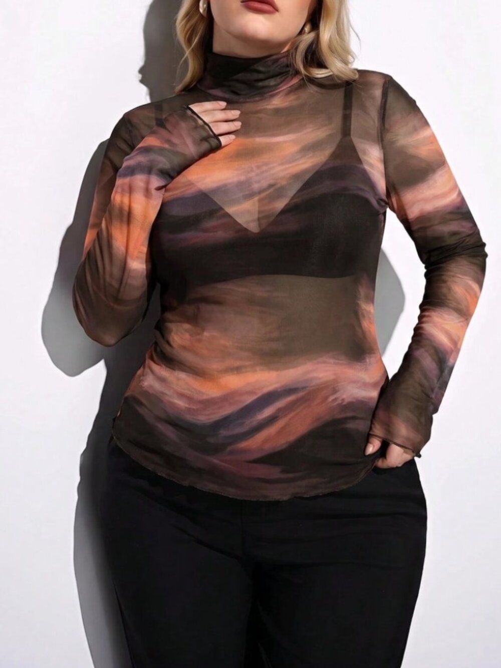 Brown Tie Dye Digital Print Mesh Sheer Turtle Neck Long Sleeve Top